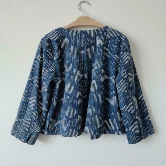 NWT EILEEN FISHER Indigo Hand Printed Cotton 3/4 Sleeve Open Jacket Medium, XL - Picture 7 of 7